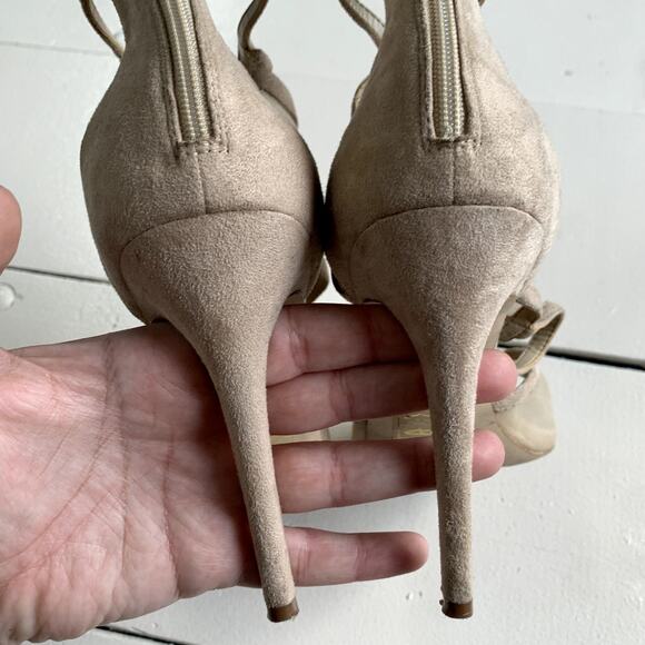ALDO Heels Womens 9 Beige Faux Suede Open Toe Mesh Inset Strappy Stiletto Shoes - Picture 3 of 7